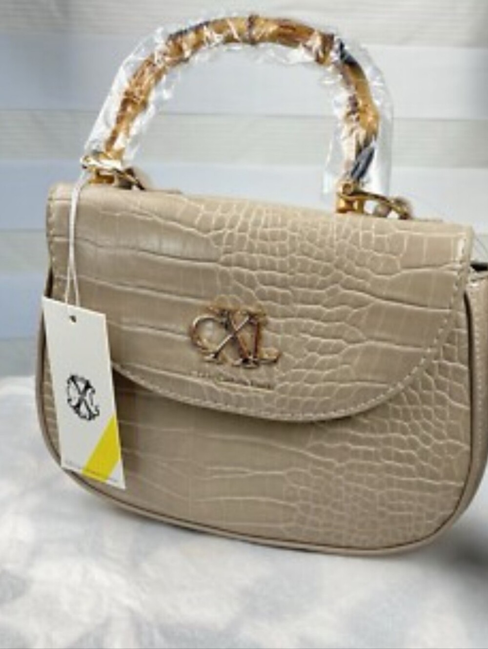 Christian Lacroix Taupe Croc-Embossed Top Handle Satchel with Gold Hardware